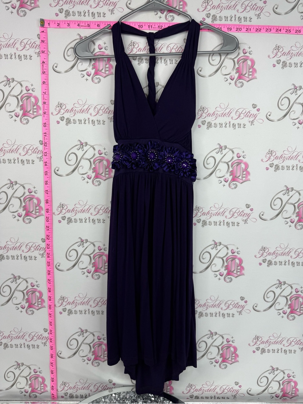 Gilli dress flowers Deep Purple Halter Midi Dress with Beaded Floral Waist